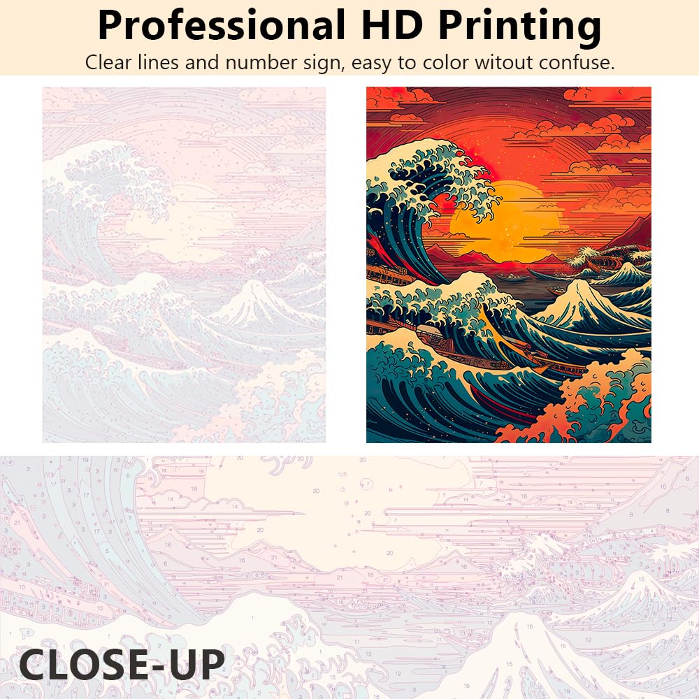 TUMOVO Paint by Number for Adults - Japan Landscape Big Waves Kit on Canvas, DIY Oil Painting Arts Craft for Adults and Kids, 16 x 20 Inch TUMOVO