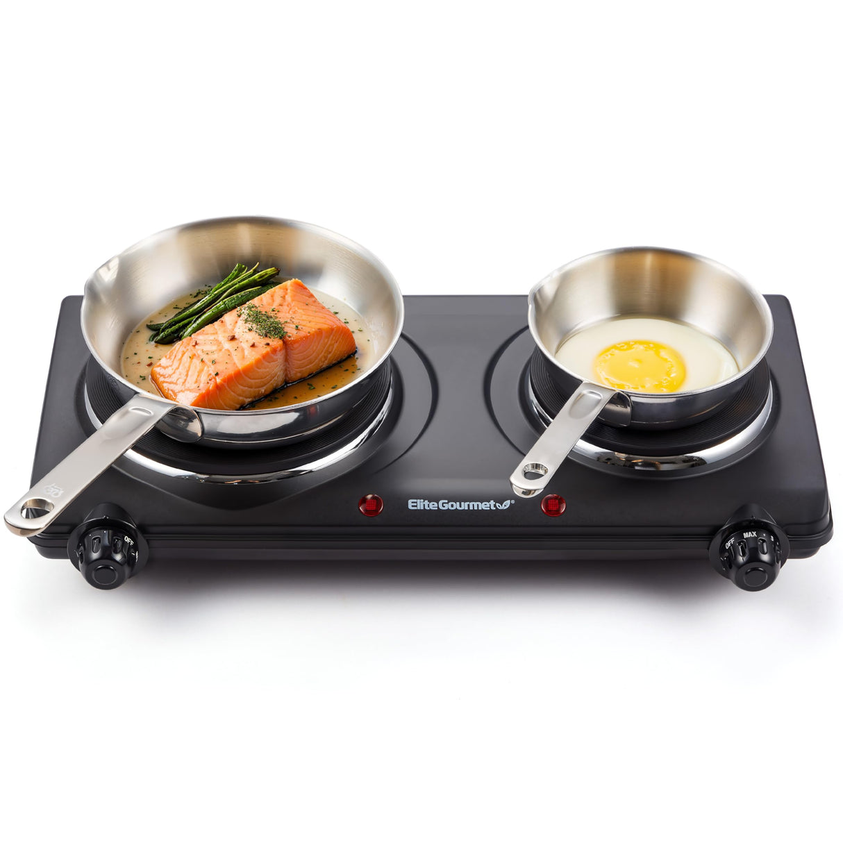 Elite Gourmet EDB-302BF# Countertop Double Cast Iron Burner, 1500 Watts Electric Hot Plate, Temperature Controls, Power Indicator Lights, Easy to Clean, Black Elite Gourmet