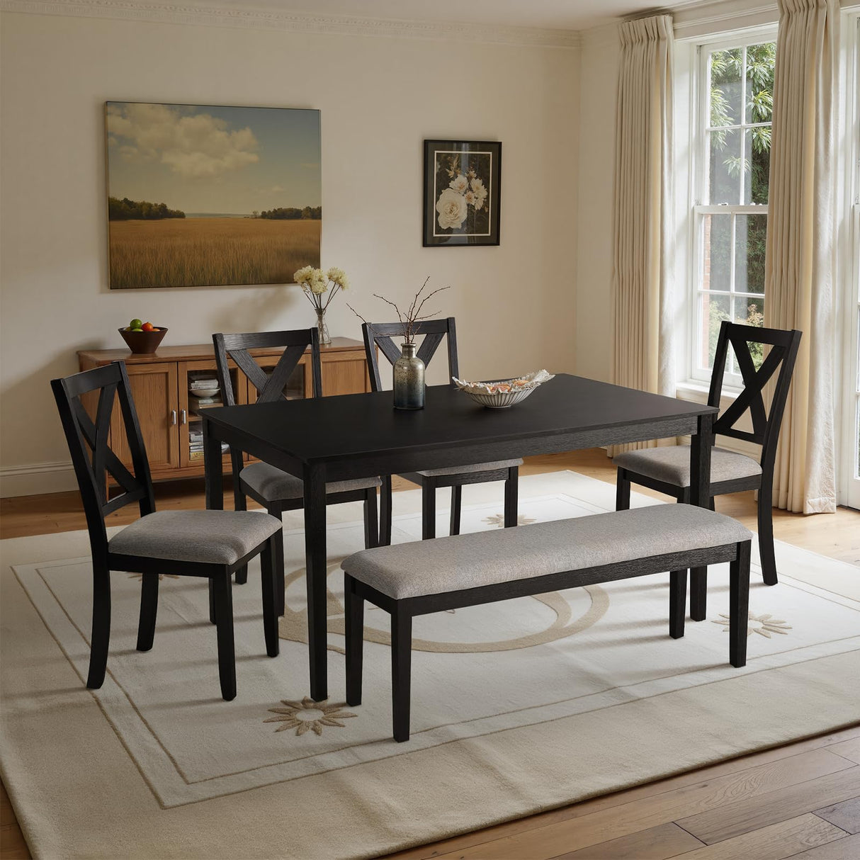 SIMTONAL Modern 6-Piece Dining Set with 4 Upholstered Chairs and Bench – Solid Wood Table Set for Kitchen or Dining Room, Black SIMTONAL