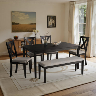 SIMTONAL Modern 6-Piece Dining Set with 4 Upholstered Chairs and Bench – Solid Wood Table Set for Kitchen or Dining Room, Black