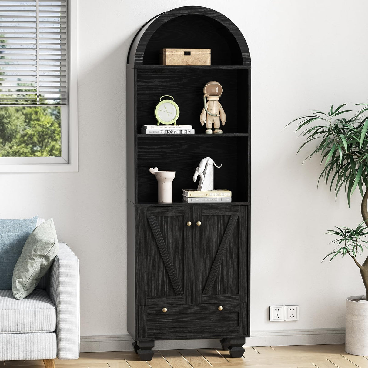 Giluta 71" Tall Arched Bookshelf Two Doors 5-Tier Storage Display Cabinet with Open Display Shelf & Drawer, Black Kitchen Pantry Cabinet for Living Room, Dining Room Giluta