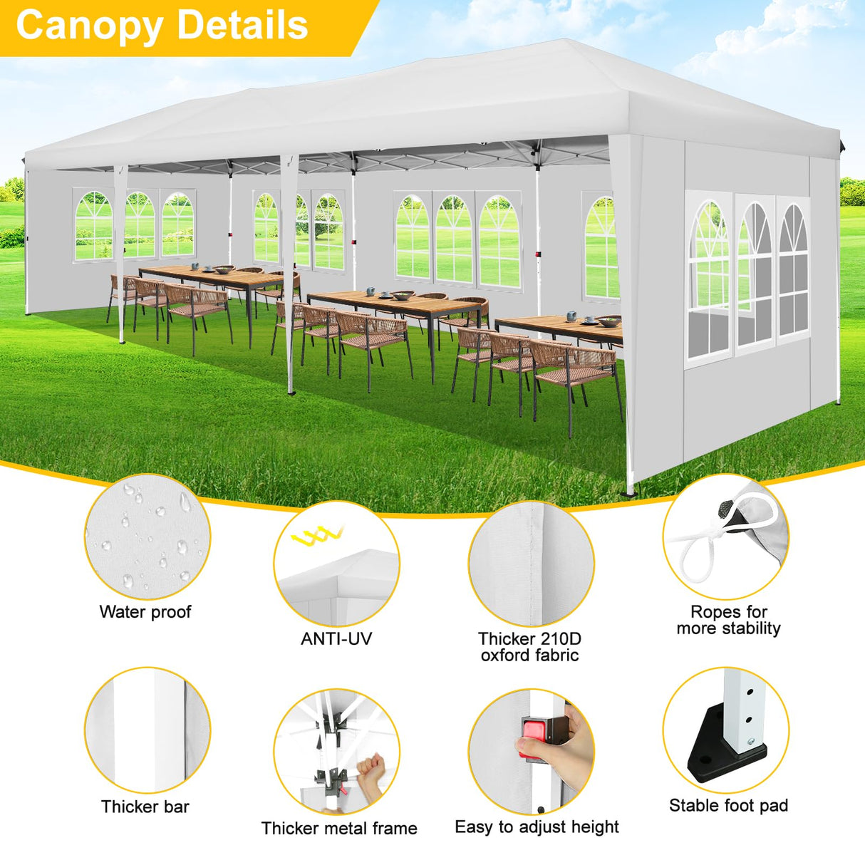 TOOLUCK 10x30 Pop Up Canopy Tent with 8 Sidewalls Tents for Parties Waterproof Camping Canopy Ez Up Party Tent Outdoor Portable Gazebo for Backyard Commercial Event Tent with sandbags, White Tooluck