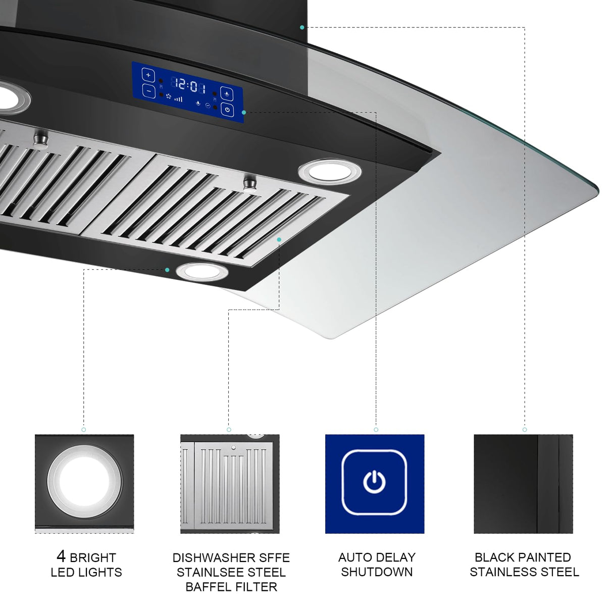 JOEAONZ 36 inch Island Range Hood 700CFM Black Painted Stainless Steel, Gesture & Touch Control Panel Ceiling Mount Kitchen Vent Hood Ducted/Ductless Convertible Extractor, Exhaust Fan 4 LED Lights JOEAONZ