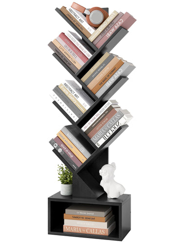 Hoctieon 6 Tier Tree Bookshelf, Tall Bookcase with Drawer, Freestanding Book Shelf, Display Floor Standing Storage Shelf, Book Organizer Shelves for Home Office, Living Room, Bedroom, Black