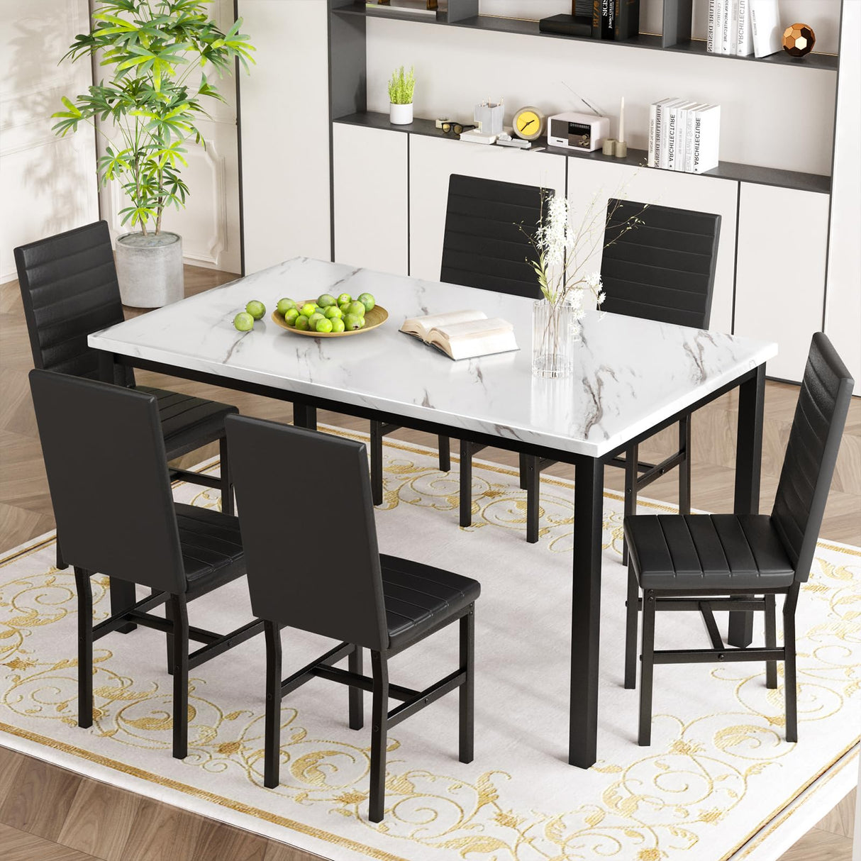 Recaceik Dinner Table Set for 6,Faux Marble Dining Room Table Set,7 Piece Dining Table Set for 6 with PU Leather for Kitchen and Dining (White & Black) Recaceik