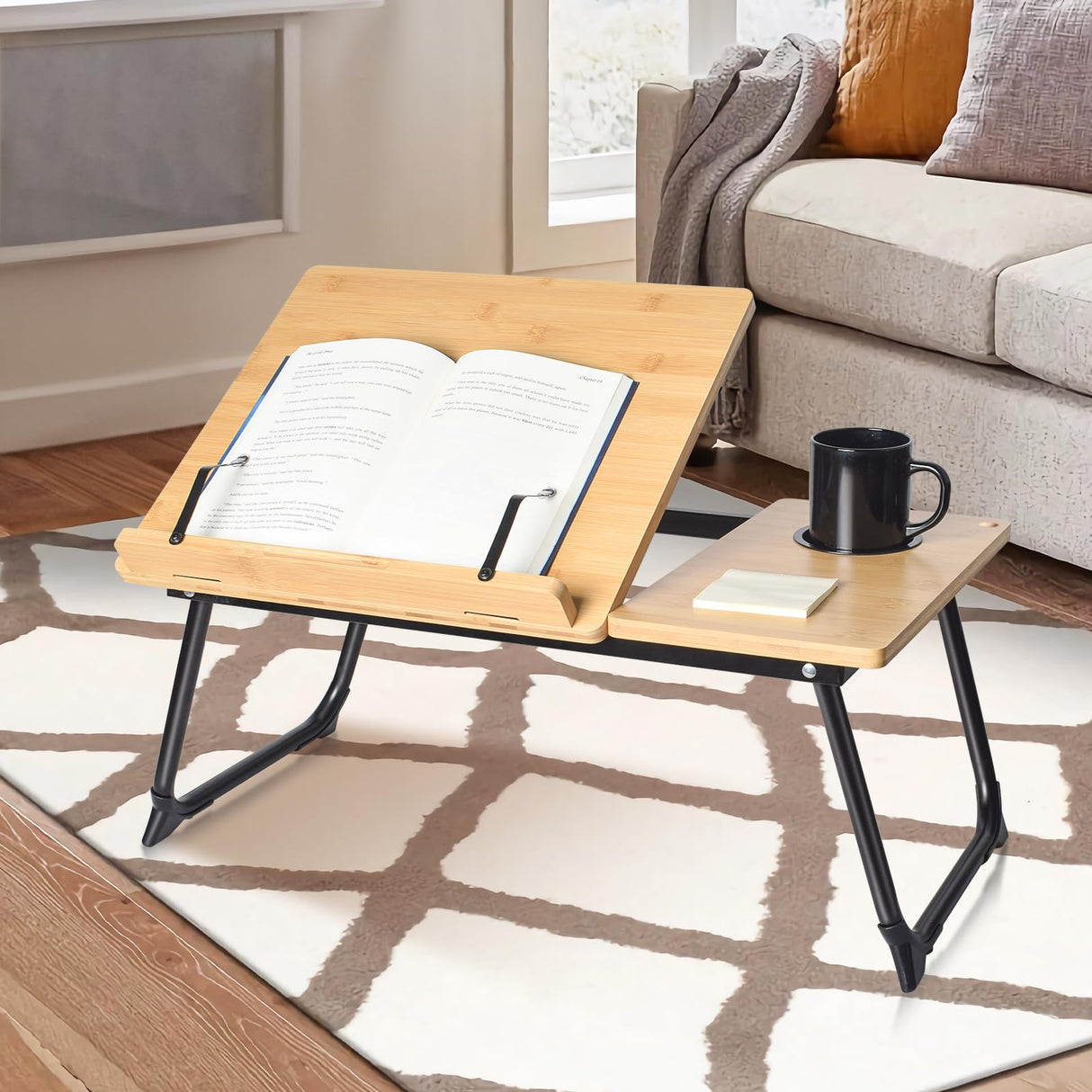 wishacc Book Stand for Reading in Bed, Bamboo Laptop Stand Adjustable Book Holder Tray with Page Paper Clips Multi Angles Adjustable Cooking Bookstands for Textbook Recipe Magazine Tablet Portable wishacc