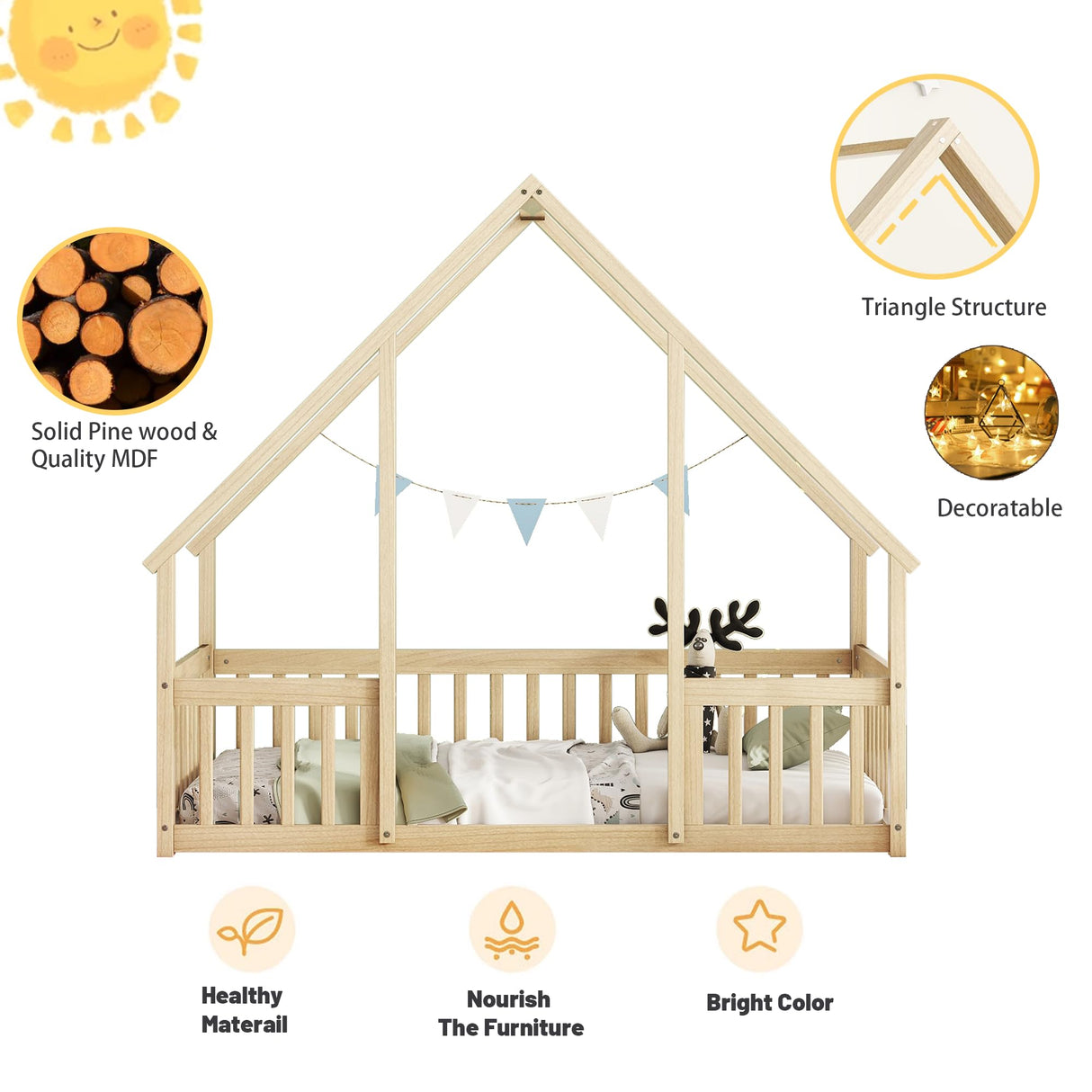 Luckiofvonne Twin Size Montessori House Bed with Fence Rails for Kids - Natural Wood Floor Bed Luckiofvonne