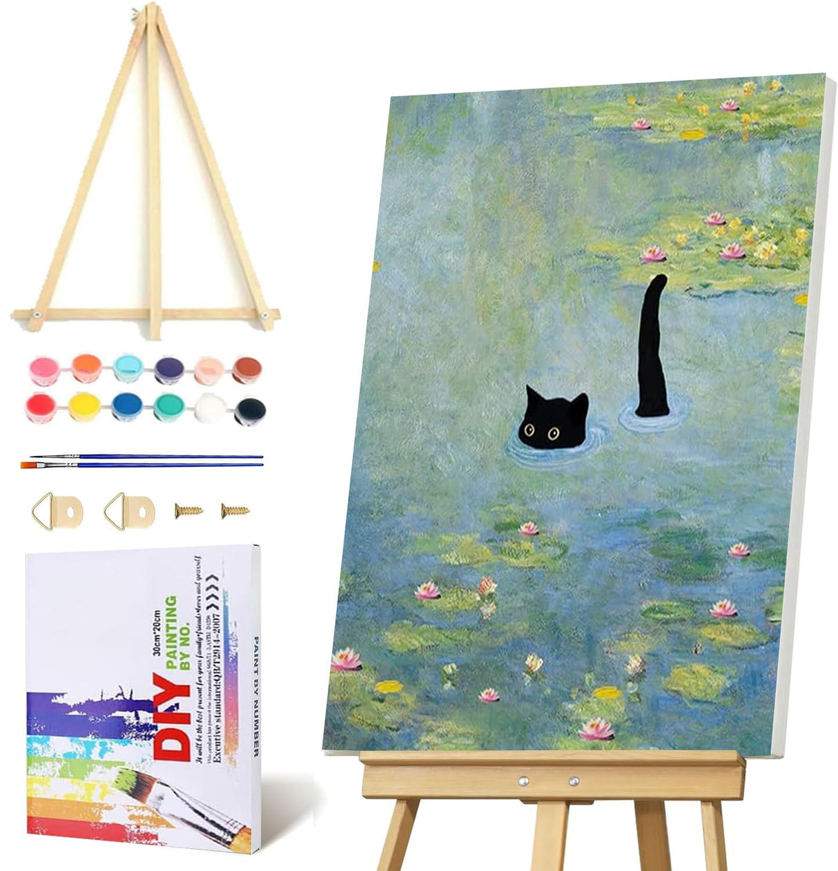 Black Cat Pond Paint by Numbers Kit for Adults with Framed - Paint by Number with Wooden Easel DIY Nice Box Acrylic Oil Painting,for Wall Decor 8x12inch VIGEGU