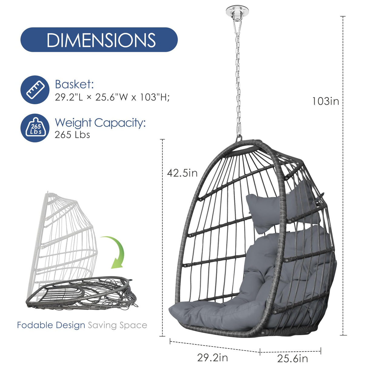 Nicesoul Patio Hanging Egg Chair No Stand, Foldable Ceiling Egg Basket Chairs Without Stand Indoor Outdoor, 350lbs Egg Shell Swing Hammock Chair with Cushion for Backyard, Balcony, Outside, Dark Grey NICESOUL