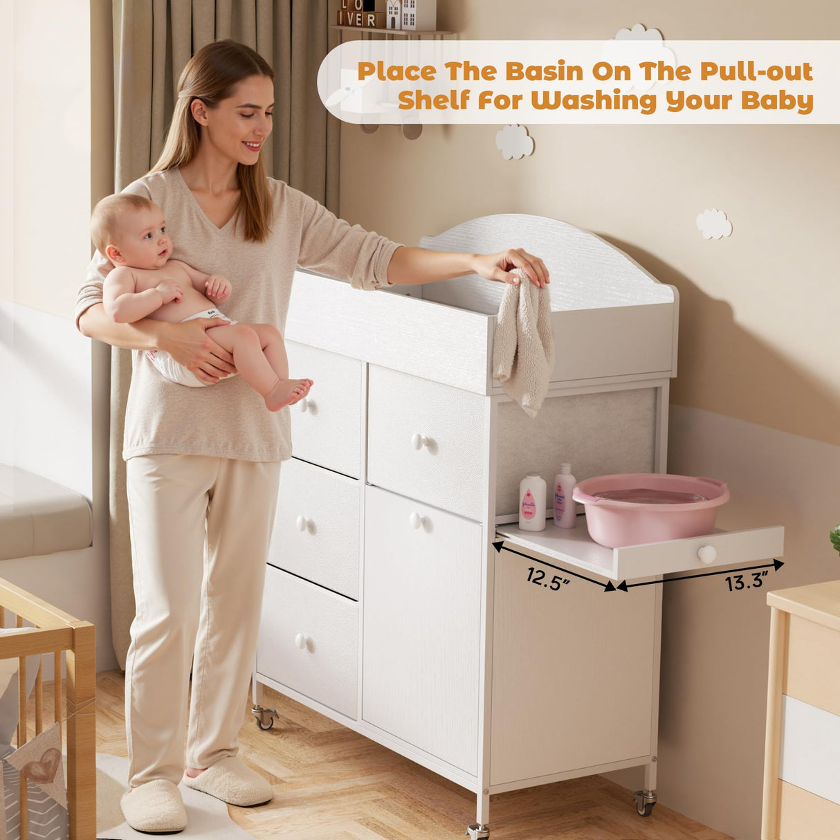 DTK Baby Dresser with Changing Table Top,4-Drawers Changing Table Dresser with Tile-Out Trash Cabinet and Pull-Out Shelf,Diaper Changing Station with Waterproof Pad and Storage for Nursery,White DTK