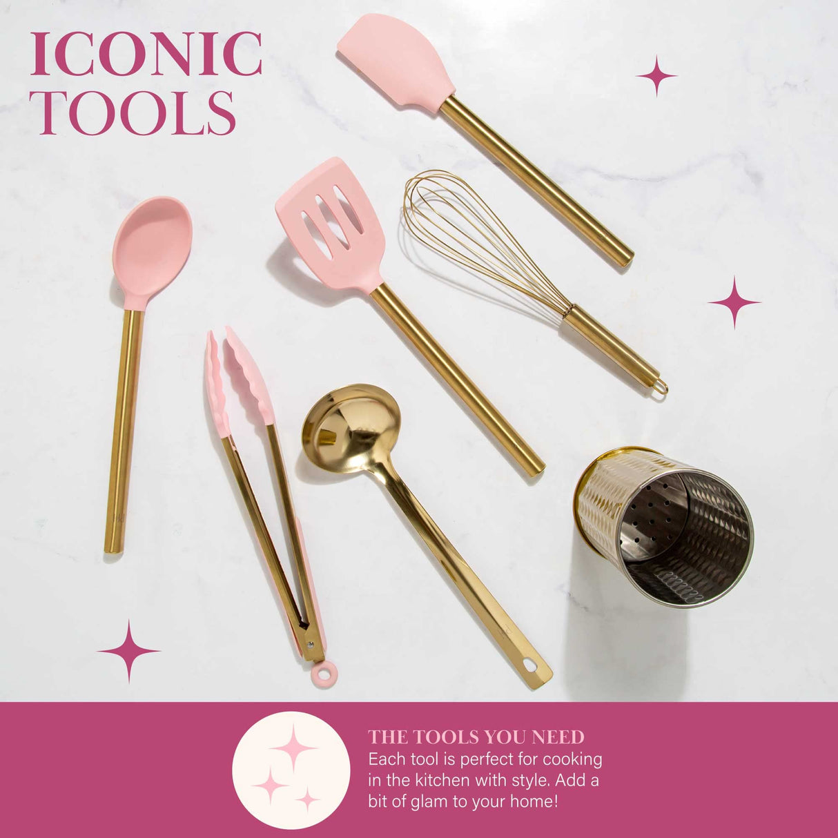 Paris Hilton Kitchen Set Tool Crock with Silicone Cooking Utensils, Stainless Steel Whisk and Ladle, 7-Piece, Pink and Gold Paris Hilton