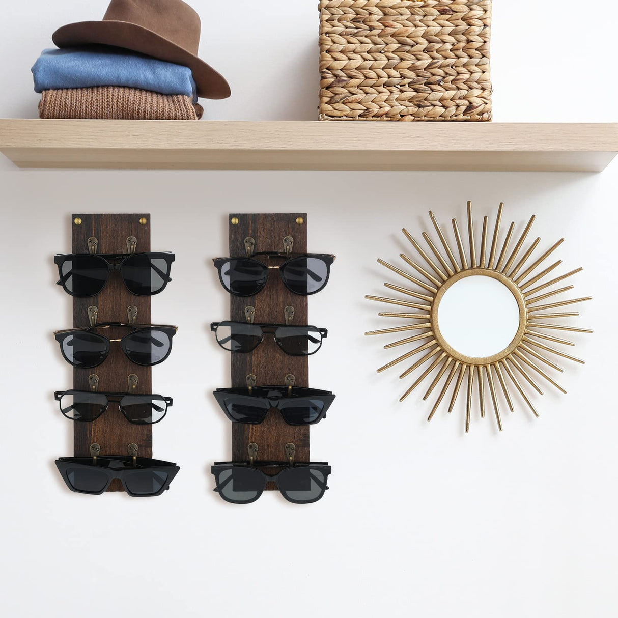 Moxweyeni Set of 2 Rustic Mounted Sunglasses Storage Organizer Wood Eyeglasses Holder Sunglass Rack Eyeglasses Display Rack with Metal Hooks Glasses Wall Decor Hanging Jewelry Organizers for Home Moxweyeni