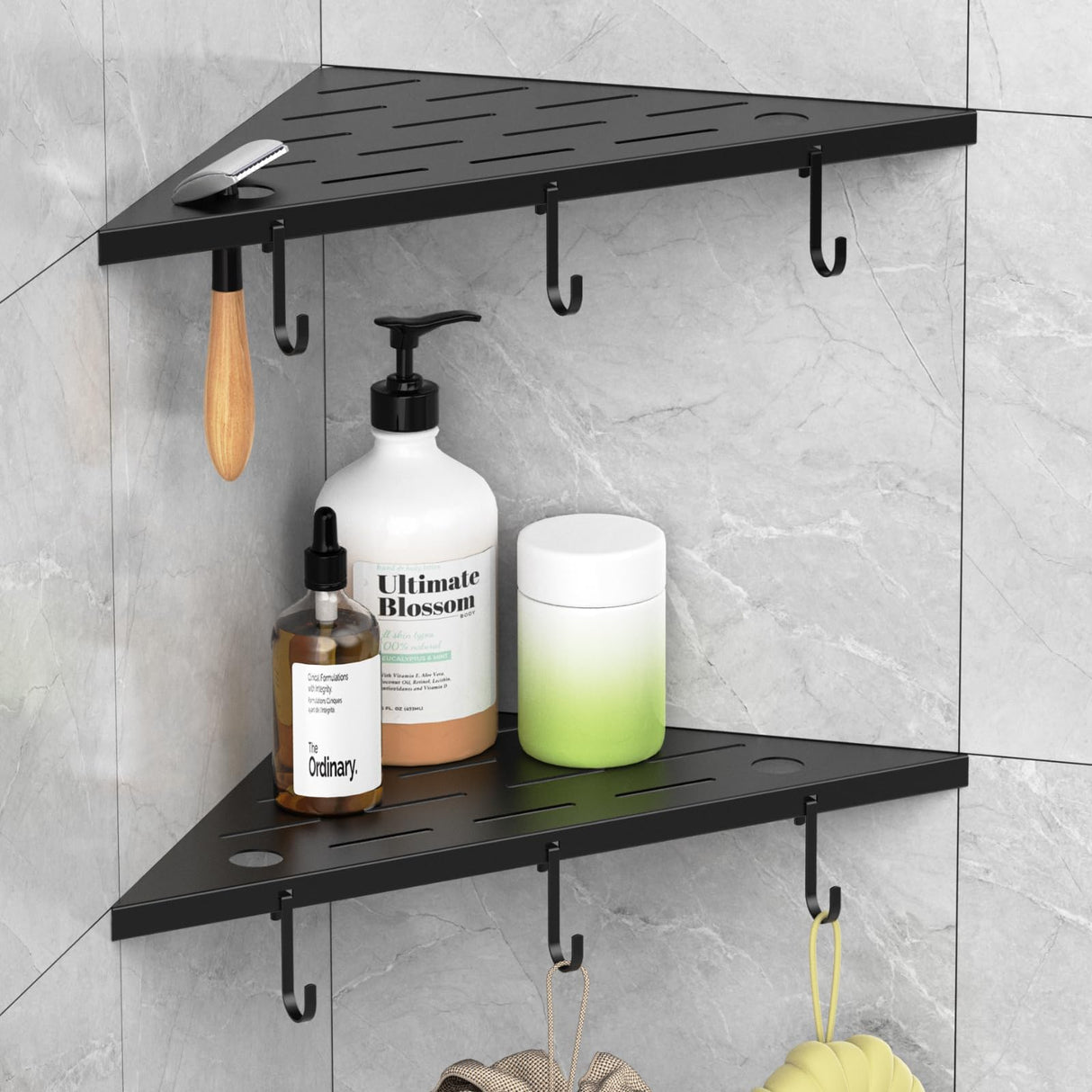 SZWQILIN Corner Shower Shelves, 10" Matte Black 304 Stainless Steel Recessed Shelf for Bathroom,Grout in Shelf with Hooks for Tiled Wall 2 Pack (Black) SZWQILIN
