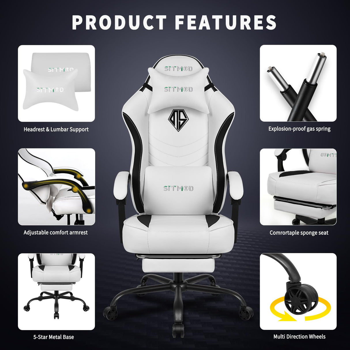 Gaming Chair for Adults, Comfy Gamer Chairs with Footrest and Lumbar Support, Height Adjustable Reclining Heavy Duty Computer Chair for Gaming Room, Living Room and Office SITMOD