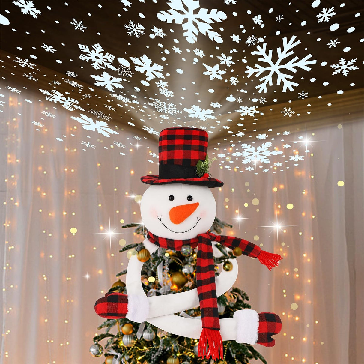 Juegoal Christmas Snowman Tree Topper with Built-in Snowflakes LED Projector, Plush Top Hat Snowmen Treetop Hugger with Rotating Magic Snow, Xmas Tree Ornament Holiday Winter Home Party Decorations Juegoal