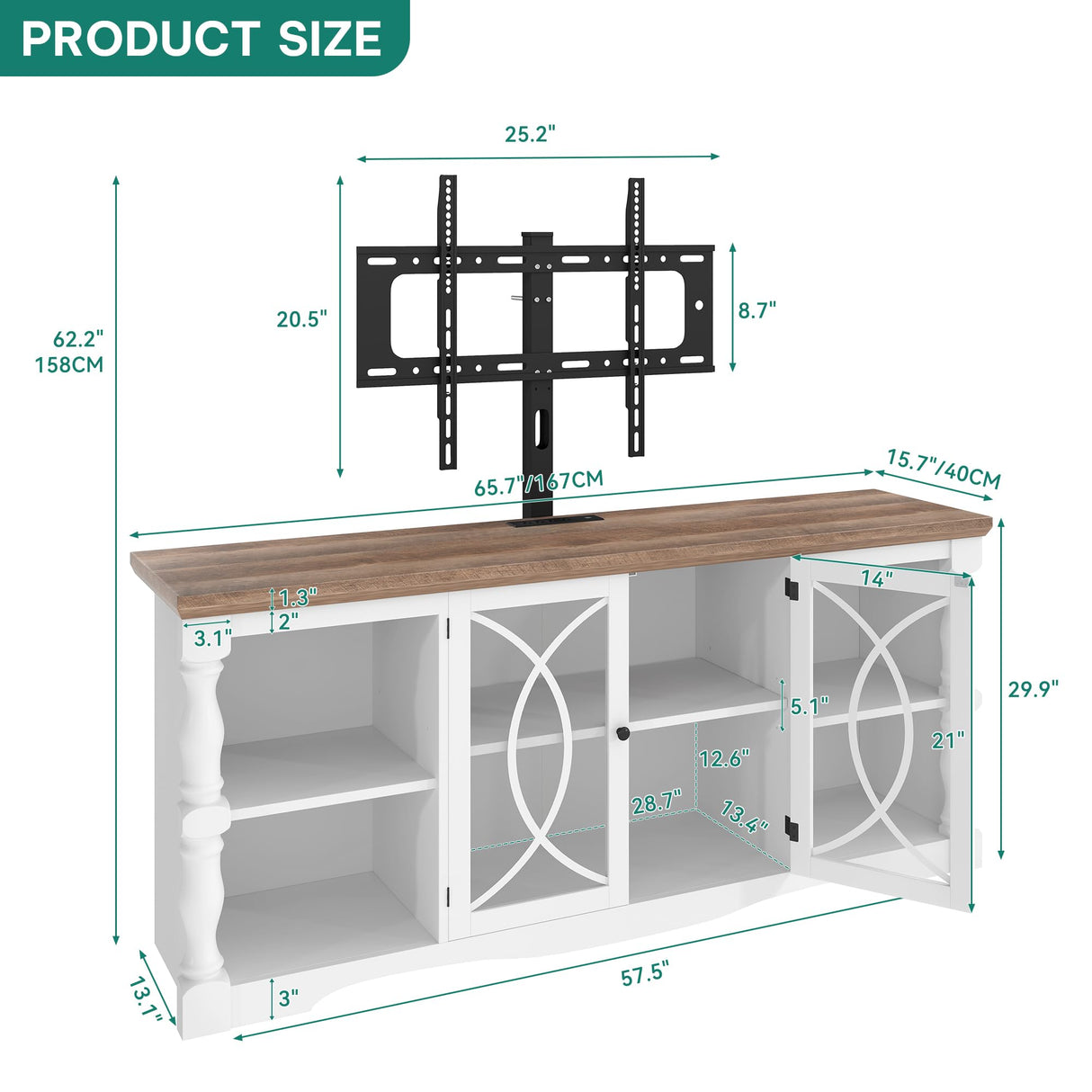 YITAHOME Farmhouse TV Stand with Mount for 32-70 Inch TVs, Entertainment Center with Power Outlets, Media Console Cabinet with Tempered Glass Doors for Living Room, Washed Grey & White YITAHOME