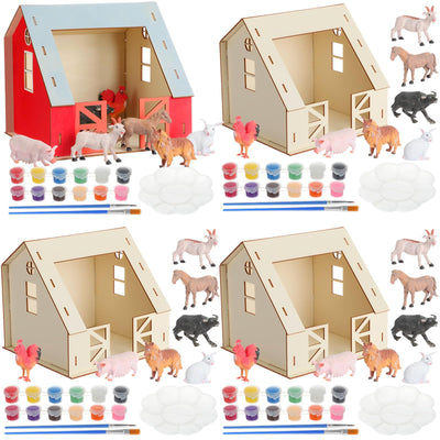 DoubleFill 4 Set DIY Wooden Barn Craft Kits for Kids Party Favors Farm Animals House Toys Large Wooden Barn with Animal Play Figures Horses Stablemates Paint Easter Birthday Gifts for Toddler