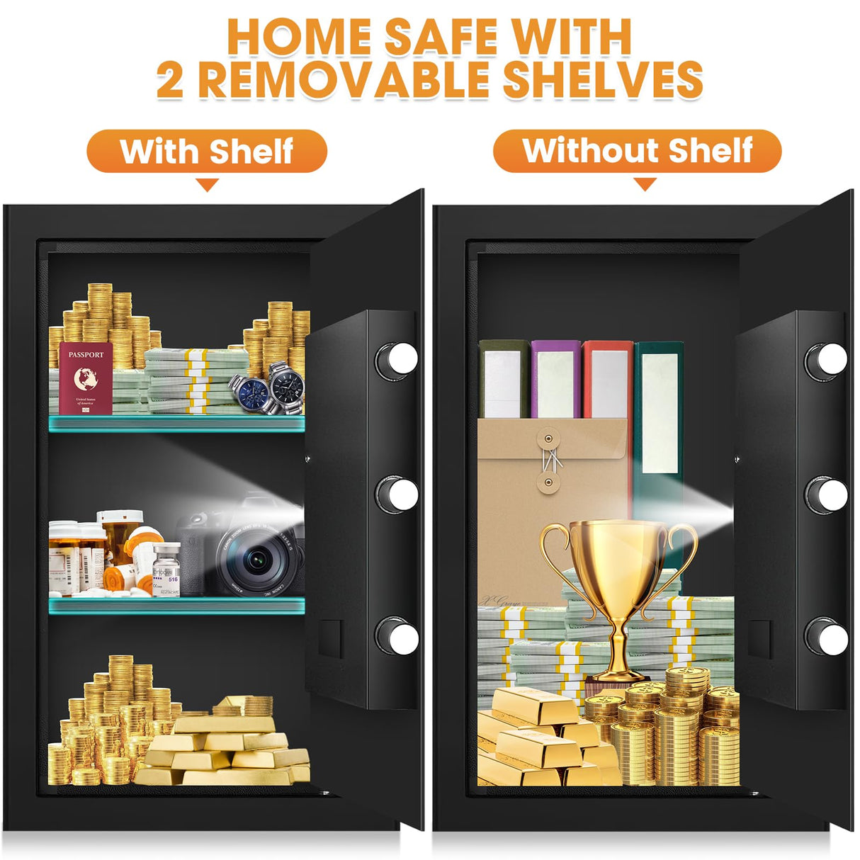 4.0 Cu ft Large Safes for Home Use Fire and Water Proof, Digital Security Fireproof Safe with Combination and Key, 2 Removable Shelves, Anti-Theft Home Safe Box for Document Money Valuables Pisleto