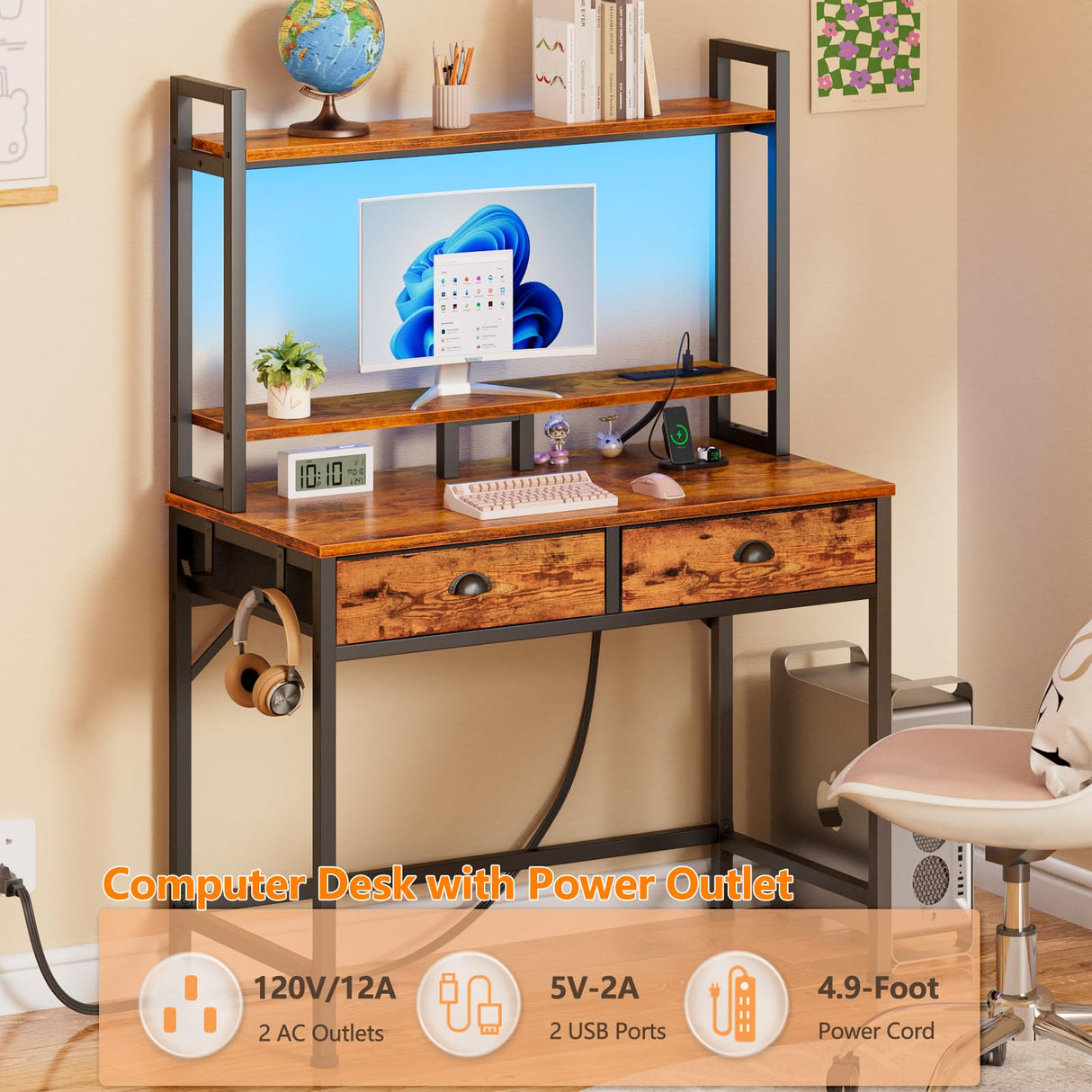 Furologee Small Computer Desk with Power Outlet and 2 Fabric Drawers, Gaming Desk with Light, Home Office Desk with Monitor Stand and Hutch for Small Space Working, Study Table with Shelf Rustic Brown Furologee