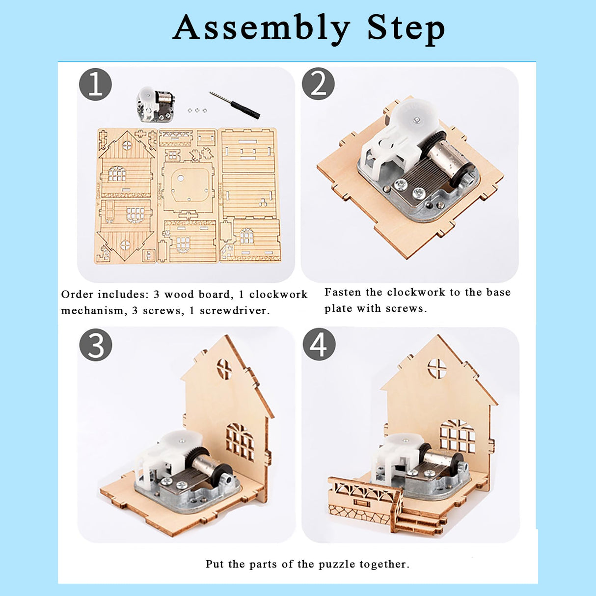 MPIUET 3D Wooden Wind-up Music Box Puzzles, Clockwork Musical Mechanism Movement Little House, 3D Jigsaw Teaser Puzzles, Log Cabin DIY Wood Model Kits for Adults MPIUET