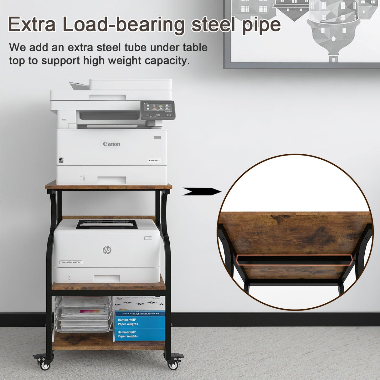 Natwind Large Printer Stand,Printer Table with Adjustable Storage Shelf,3 Tier Rolling Printer Cart with Wheels for Home Office Organization Shelves for Heat Press,3D Printer (Retro) Natwind