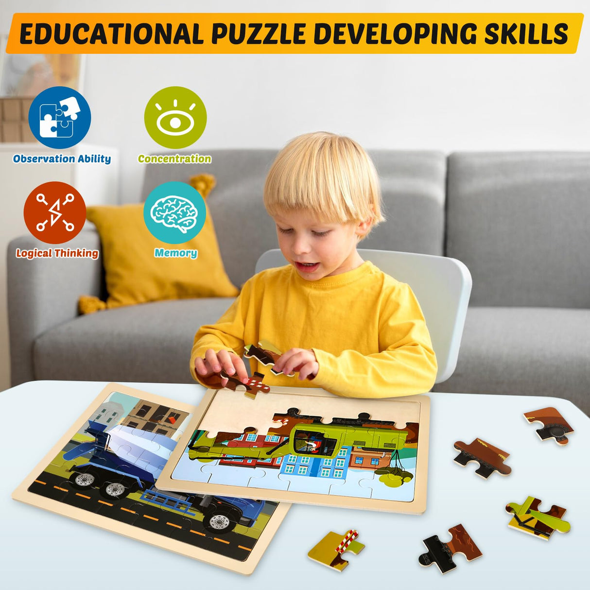 Wooden Vehicle Puzzles for Kids Age 3 4 5 Year Old, 4 Pack 24 Pcs Montessori Toddler Jigsaw Puzzles for Girl boy Activities Preschool Learning Educational Birthday Gift Travel Autistic Wooden Toys LACCHOUFEE