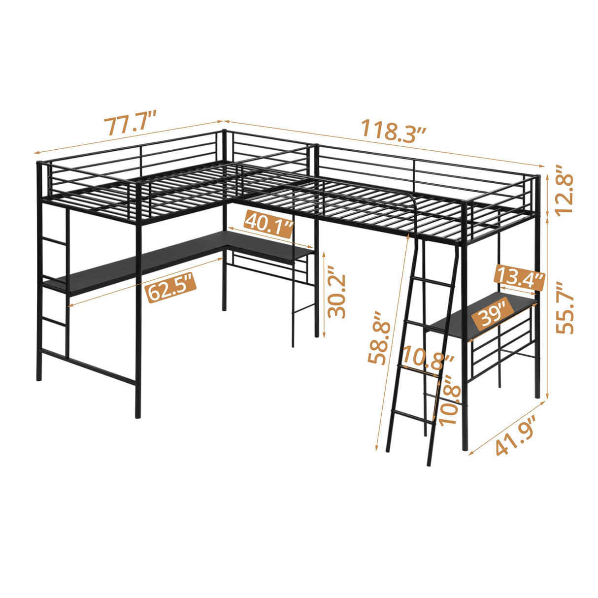 INCLAKE L Shaped Metal Loft Bed with 2 Desk, Twin Size Loft Bed with Safety Guardrail and 2 Ladder, Heavy-Duty Steel Frame Corner Twin Bed for Girls Boys Teens, Black INCLAKE
