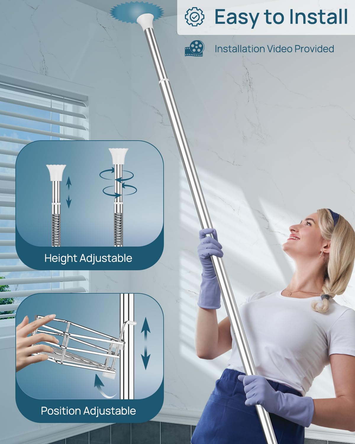 SEIRIONE Corner Shower Caddy Tension Pole, Quick Setup, Rust-Free Bathroom Shower Organizer Corner for Bathtub Shampoo Storage, 4-Tier Adjustable Shelf, Drill Free, Fits 34 to 116 Inch Height, Silver SEIRIONE