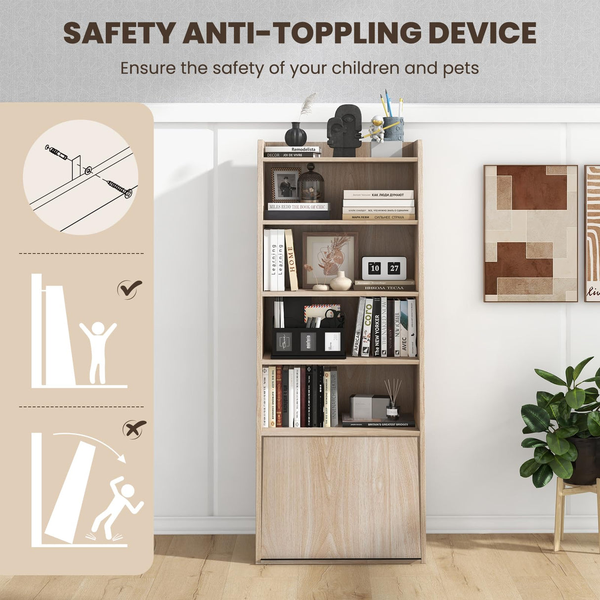 Tangkula Natural 6-Tier Bookcase with Adjustable Shelves and Flip-Up Door Tangkula