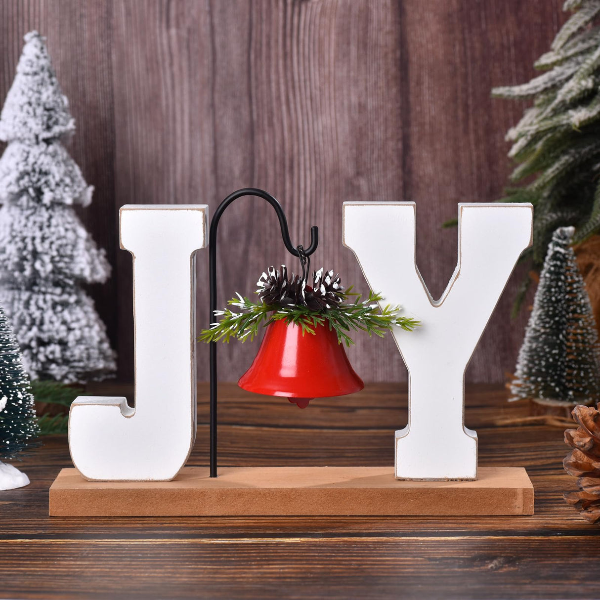Christmas Wooden Joy Decoration, Wood Craft Sign with Bell, Table Ornament Rustic Tabletop Farmhouse Centerpiece Decorative Block Decor for Xmas Indoor Holiday Home Table Shelf Winter Party (Red Bell) GHOSTMAGIC