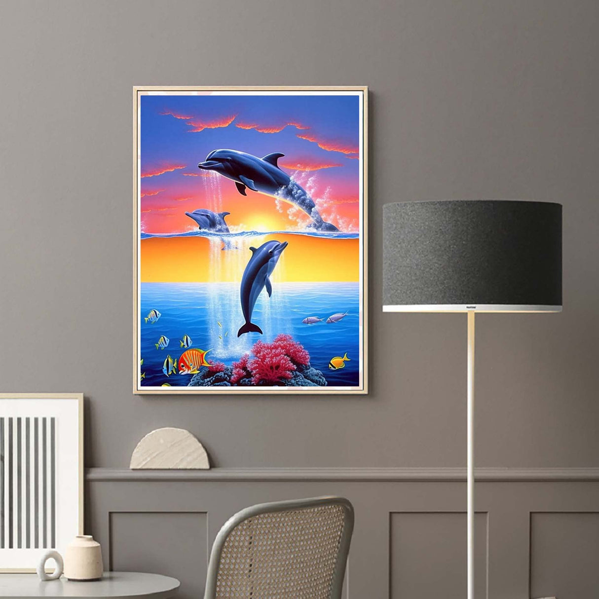 Diymood Paint by Numbers for Adults Landscape, DIY Oil Painting World Sunset Lake Clouds Dolphin Acrylic Paint by Number Kits for Kids Adults Beginner for Home Wall Decor 16x20 inch Diymood