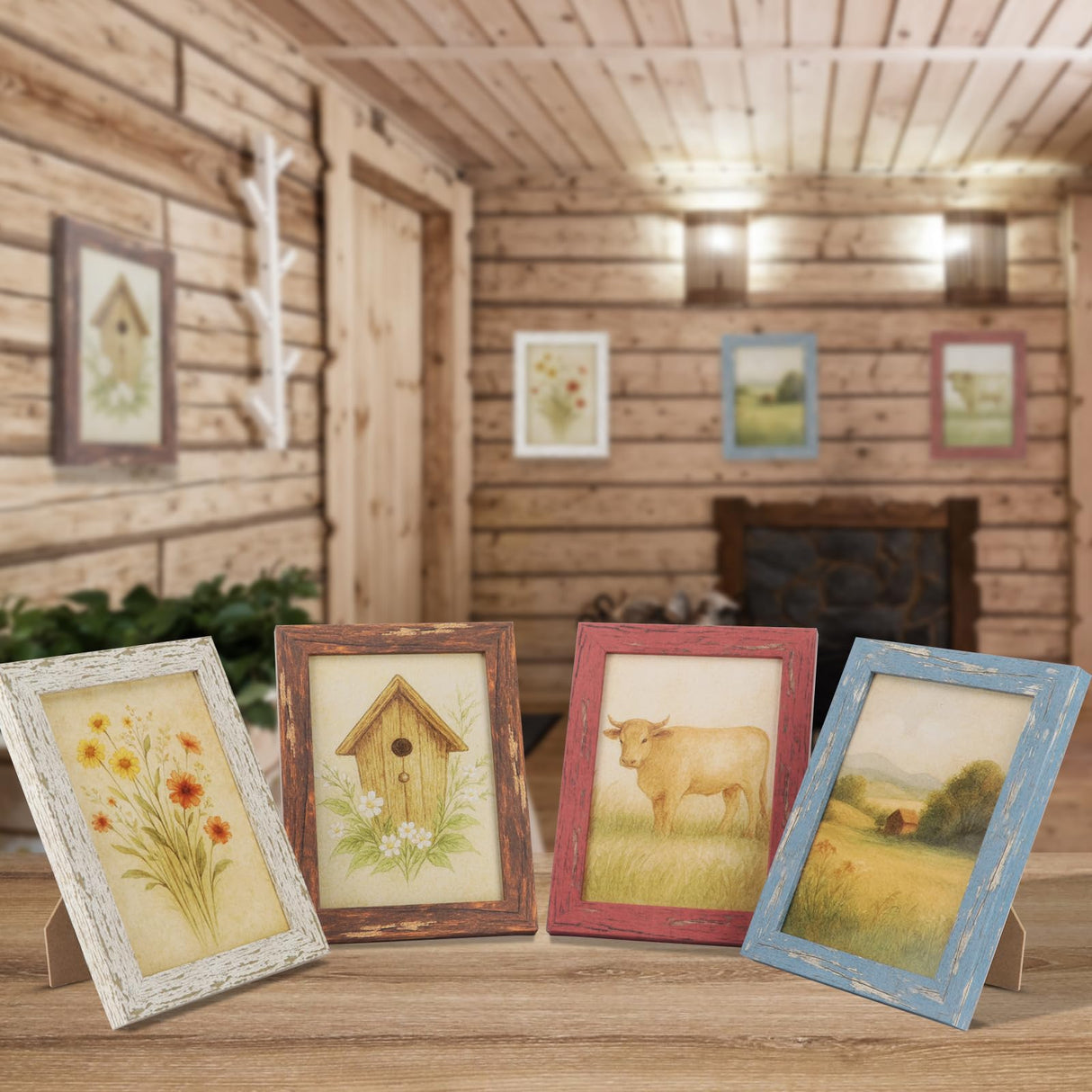 puthiac 8x10 Rustic Picture Frames, Farmhouse Distressed Wood Frame, Vintage Gallery Wall Photo Collage, Shatterproof Acrylic, Wall & Tabletop, Vertical/Horizontal, Vintage Art Prints, Set of 4 puthiac