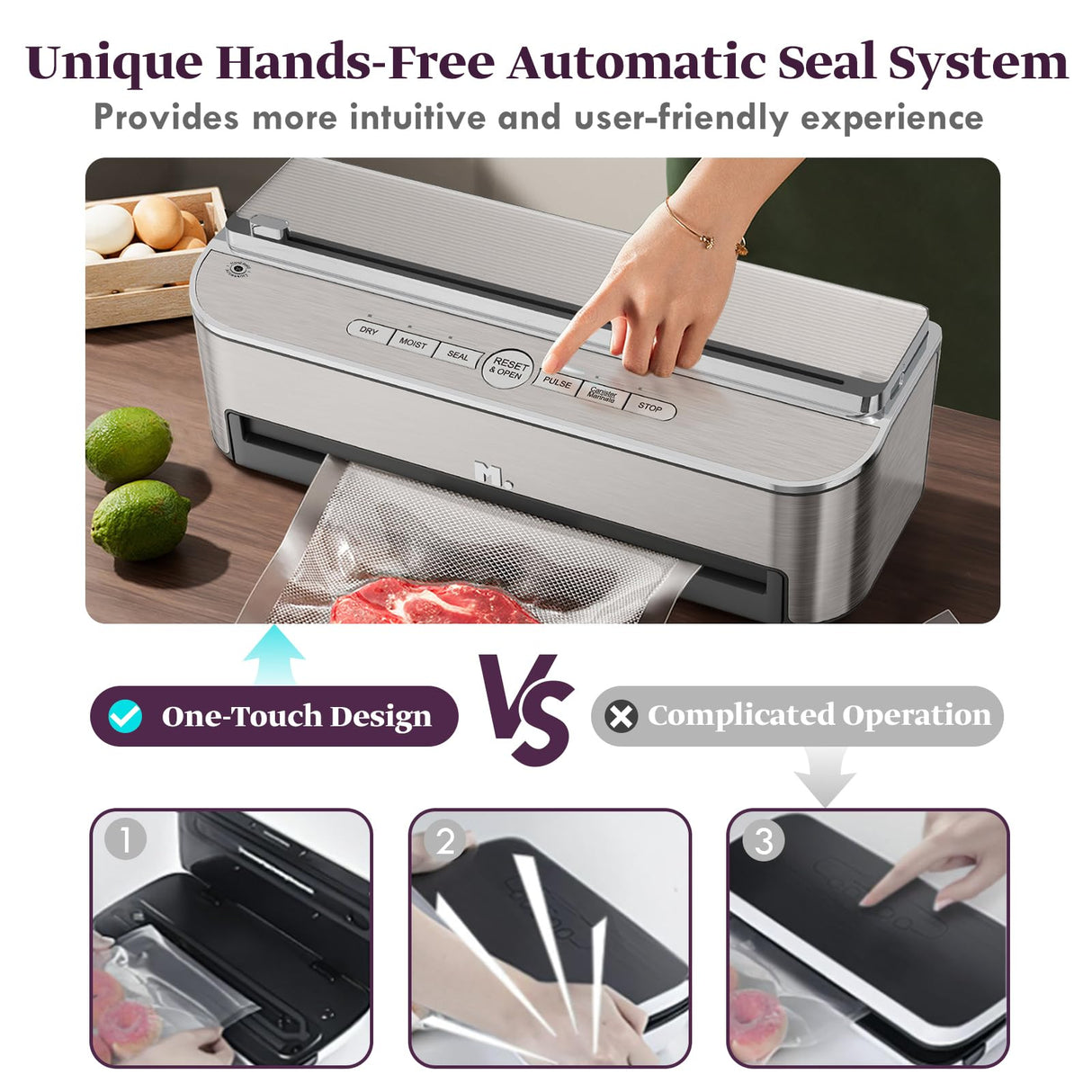 Mesliese Vacuum Sealer Machine, 85kPa 120W Automatic Food Sealer, Powerful Sealing System, Build-in Cutter | Bags Storage | Moist Mode and Air Suction Hose | 2 Bag Rolls and 5pcs Pre-cut Bags Mesliese
