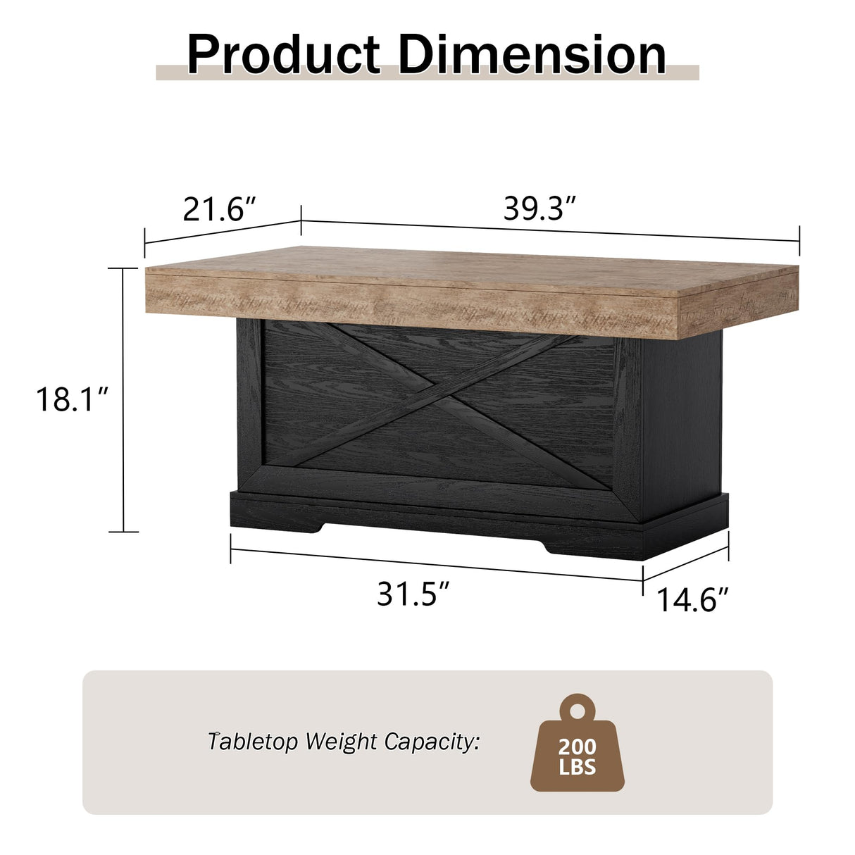 Lareth Coffee Table 39 in Rustic Center Table with X-Design Wooden Pedestal for Living Room, Space Saving, Rectangle Home Office Tea Accent Table for Apartment, Dark Oak Black Lareth