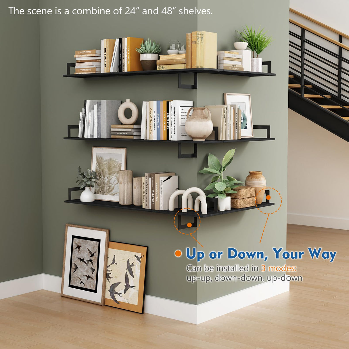 Harwaya 24 Inch Floating Shelves for Wall Set of 3, Wall Mounted Bookshelf, 8 Inches Deep Hanging Book Shelves for Living Room Bedroom Office Decor Closet Storage (Black) Harwaya