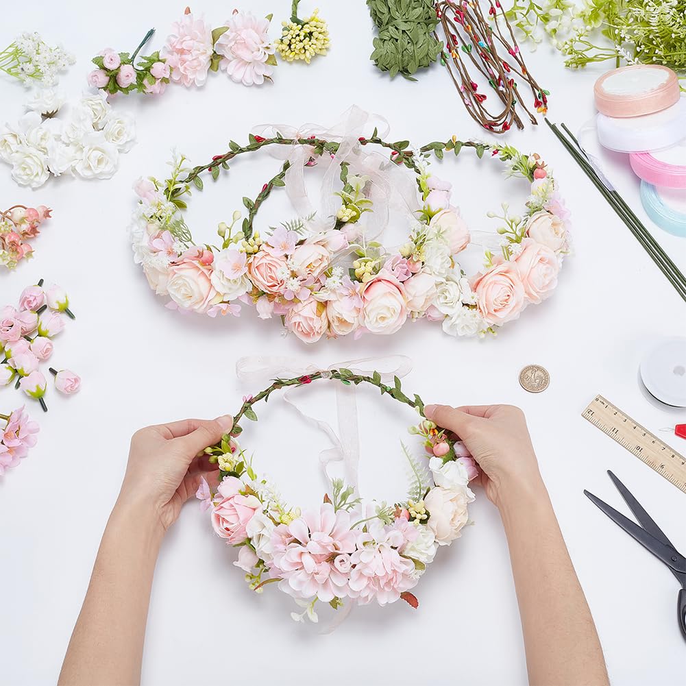ACRNIGHEET 4 Sets DIY Flower Crown Kit, White and Pink Floral Crown Craft Kit, Make Your Own Flower Crown Headband Handmade, Floral Bridal Headpiece Hair Accessories for Wedding Birthday Party Prop ACRNIGHEET