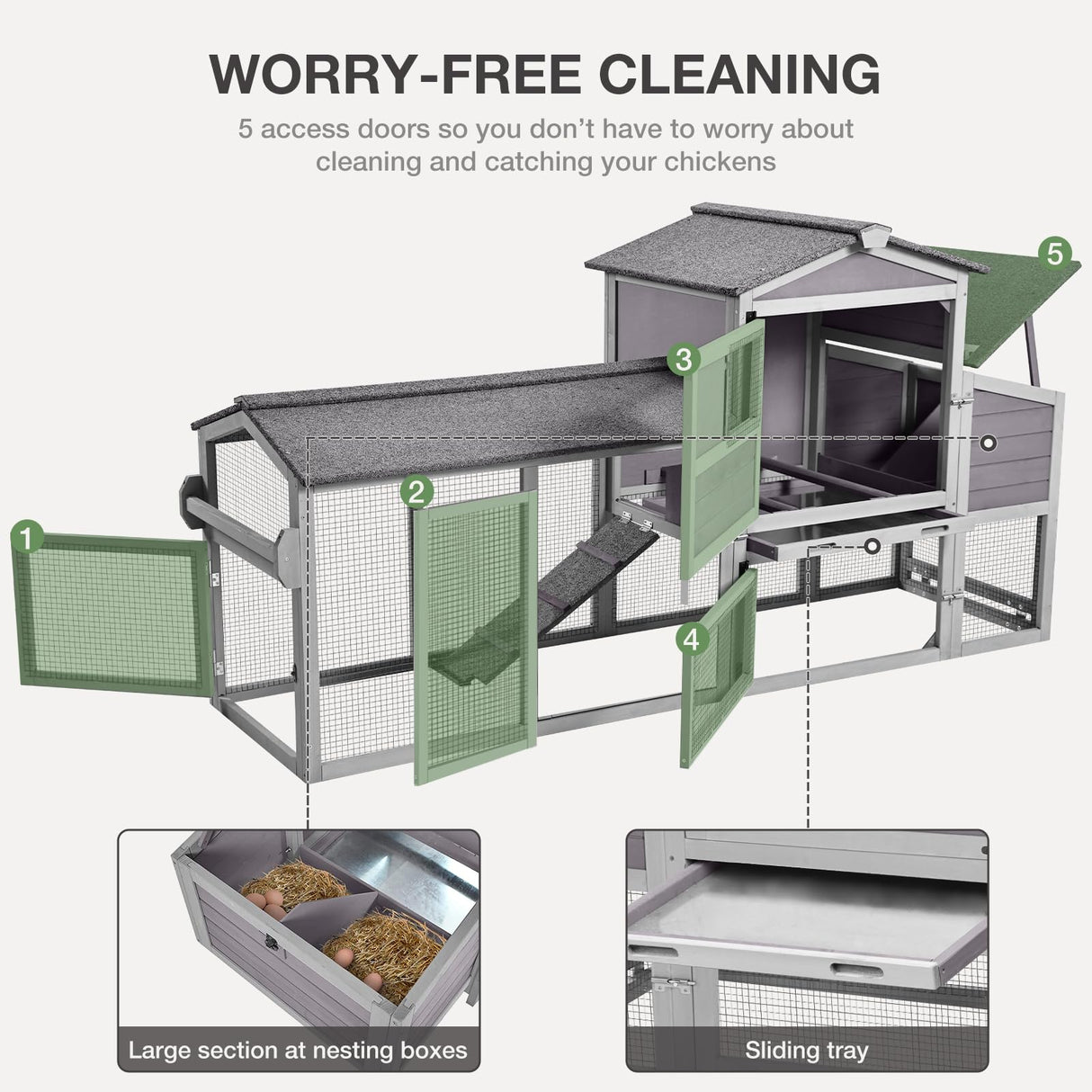 MEDEHOO 80in Chicken Coop with Wheels - Expandable Large Waterproof Chicken House for Outdoor with Nesting Box, Leakproof Pull-on Tray, and UV-Resistant Roof MEDEHOO