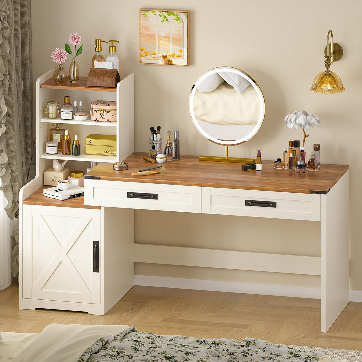 YOMILUVE Farmhouse Computer Desk with Drawers & Shelves, 60'' Home Office Desk with Bookshelf, Vanity Desk Writing Study Table with Storage, Antique White YOMILUVE
