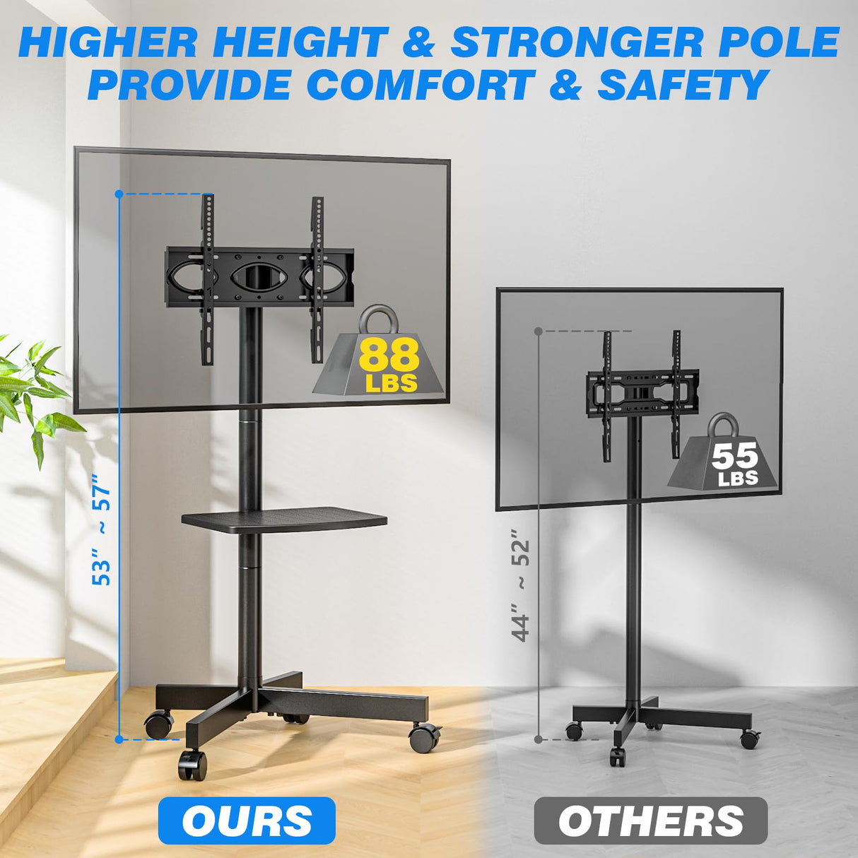 Rfiver Strong Rolling TV Stand with Shelf for 23-60 inch TVs up to 88lbs, Portable Mobile TV Cart with Silent Wheel, Tilt & Height Adjustable Universal Corner TV Stand for Bedroom, Living Room, Office Rfiver