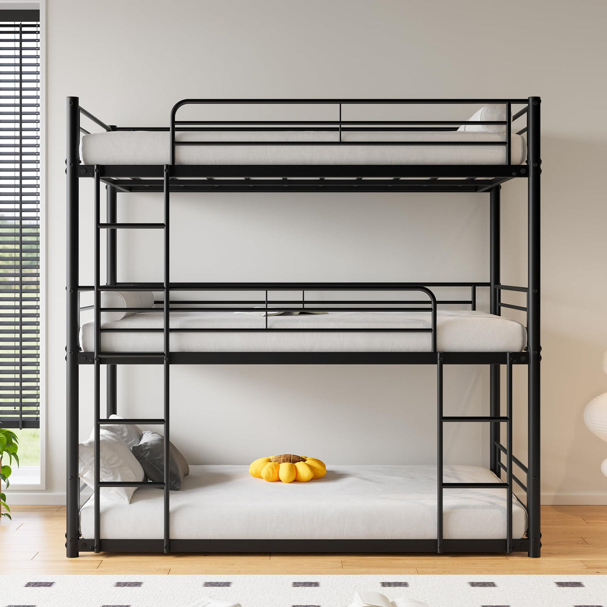 Heavy Duty Triple Bunk Bed for 3 People, Twin Over Twin Over Twin Metal Bunk Bed Frame with Ladders and Safety Guardrails, Noise Free, No Box Spring Needed, No Convertible Function, Black MaiDeHaoo
