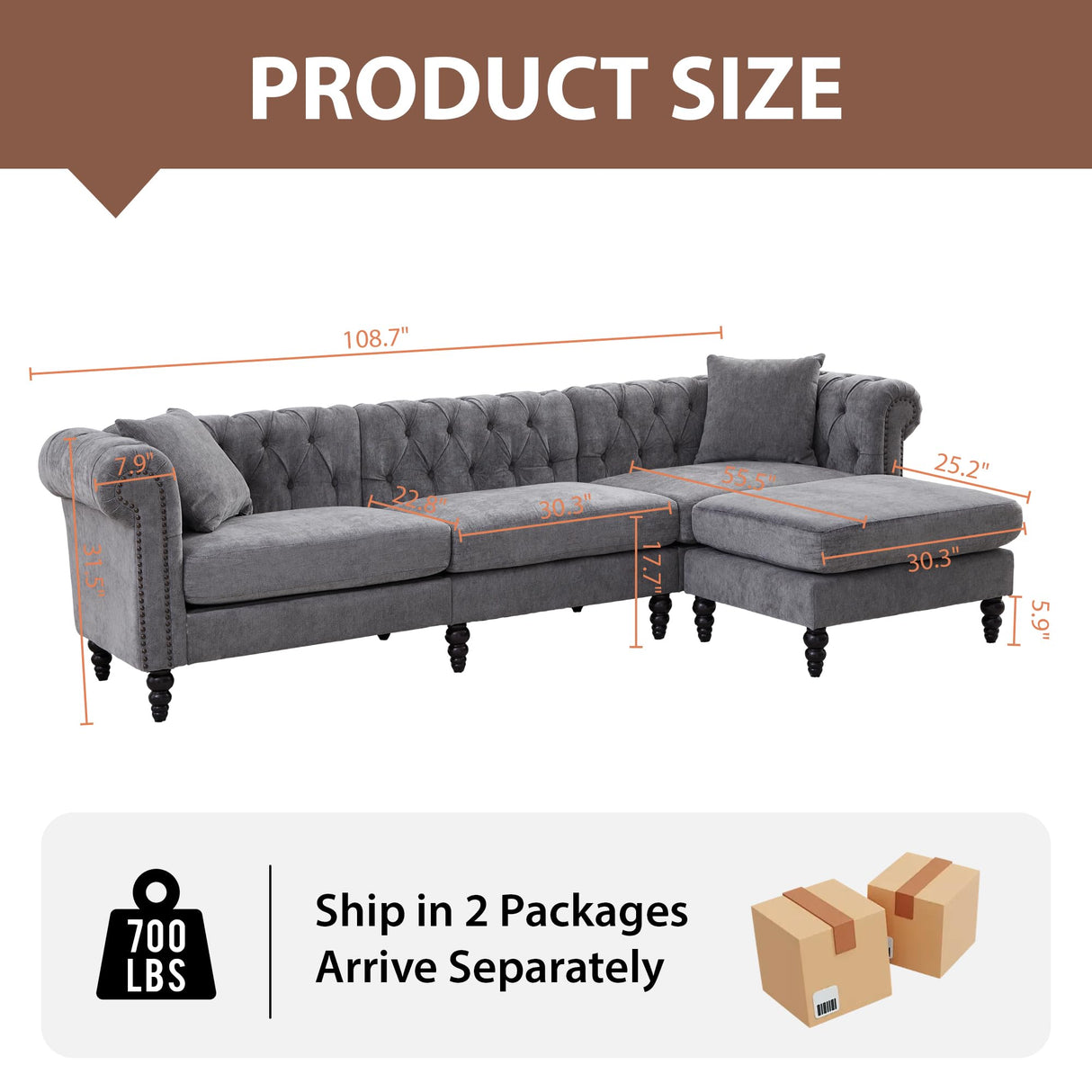 AVZEAR Chesterfield L Shaped Sofa Modular, Sectional Linen Fabric Couch with Ottoman and Pillow, Modern Bed Deep Seat Sofa Living Room Furniture Sets for Living Room, Bedroom and Apartment, Grey AVZEAR