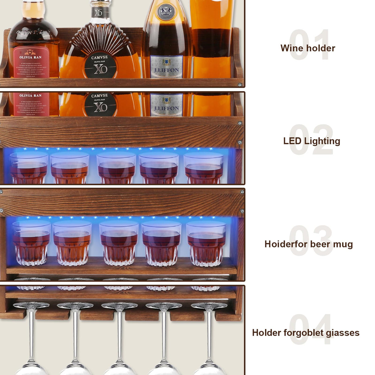 TIRYIUOU 2 Pack Wall Mounted Wine Rack, Wood LED Wine Glass Rack, Bar Shelf, Wine Glass Holder Wall Mounted, Floating Bar Shelves for Kitchen, Dining Room, Home Bar TIRYIUOU