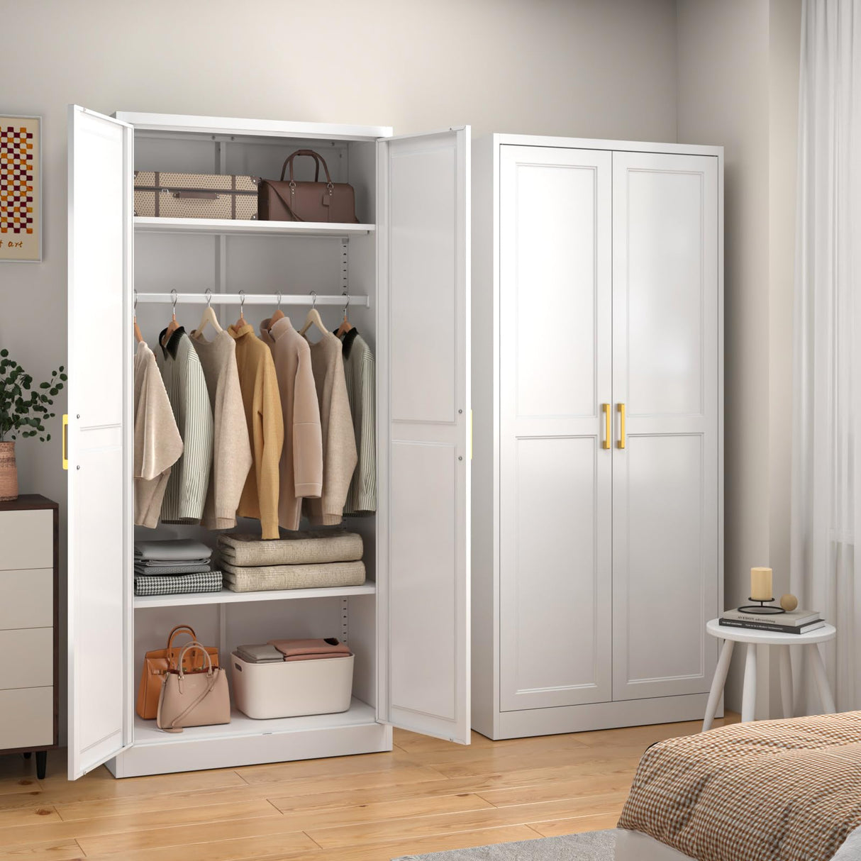 SteeLoong Metal Wardrobe Cabinet with Hanging Rod, 71" Tall Armoire Wardrobe Closet with 2 Doors and Adjustable Shelves, White Clothing Storage Cabinets for Bedroom, Laundry Room, Cloak Room SteeLoong