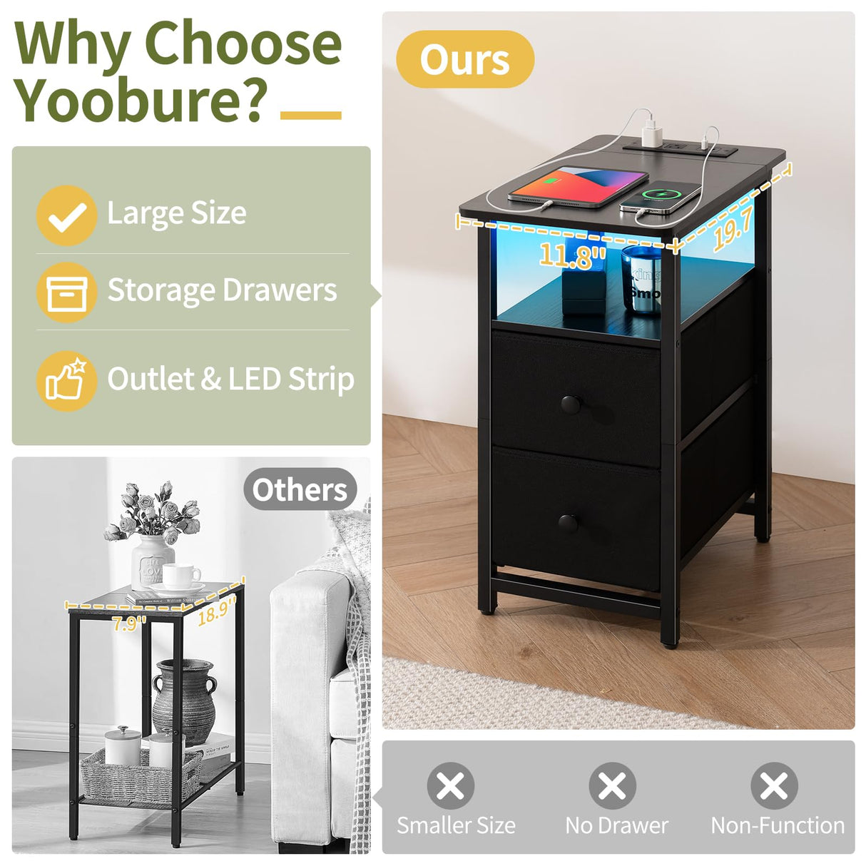 Yoobure End Table with Charging Station, Narrow Side Table LED Small Night Stand, Skinny Nightstand with Fabric Drawers, Bedside Table End Tables Living Room, Side Tables Bedroom for Small Spaces Yoobure