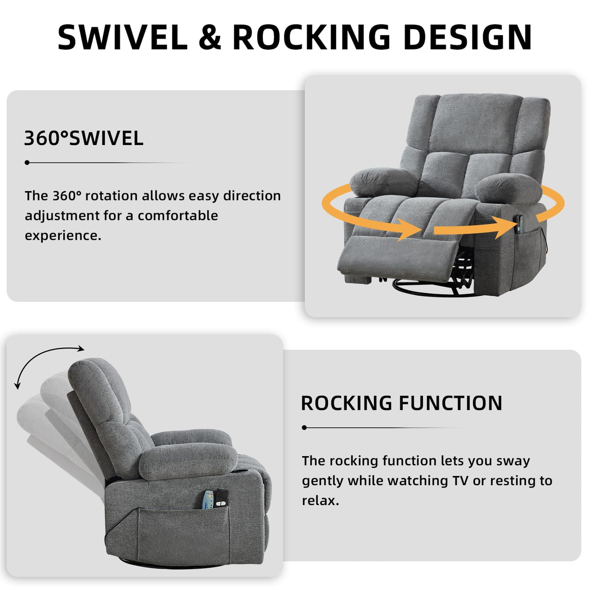 IOMOR Power Recliner Chair with Massage and Heating, 360° Swivel Rocker Glider Chair for Adults, Upholstered Fabric Reclining with Side Pockets and Cup Holder for Living Room, Nursery (1, Gray) IOMOR