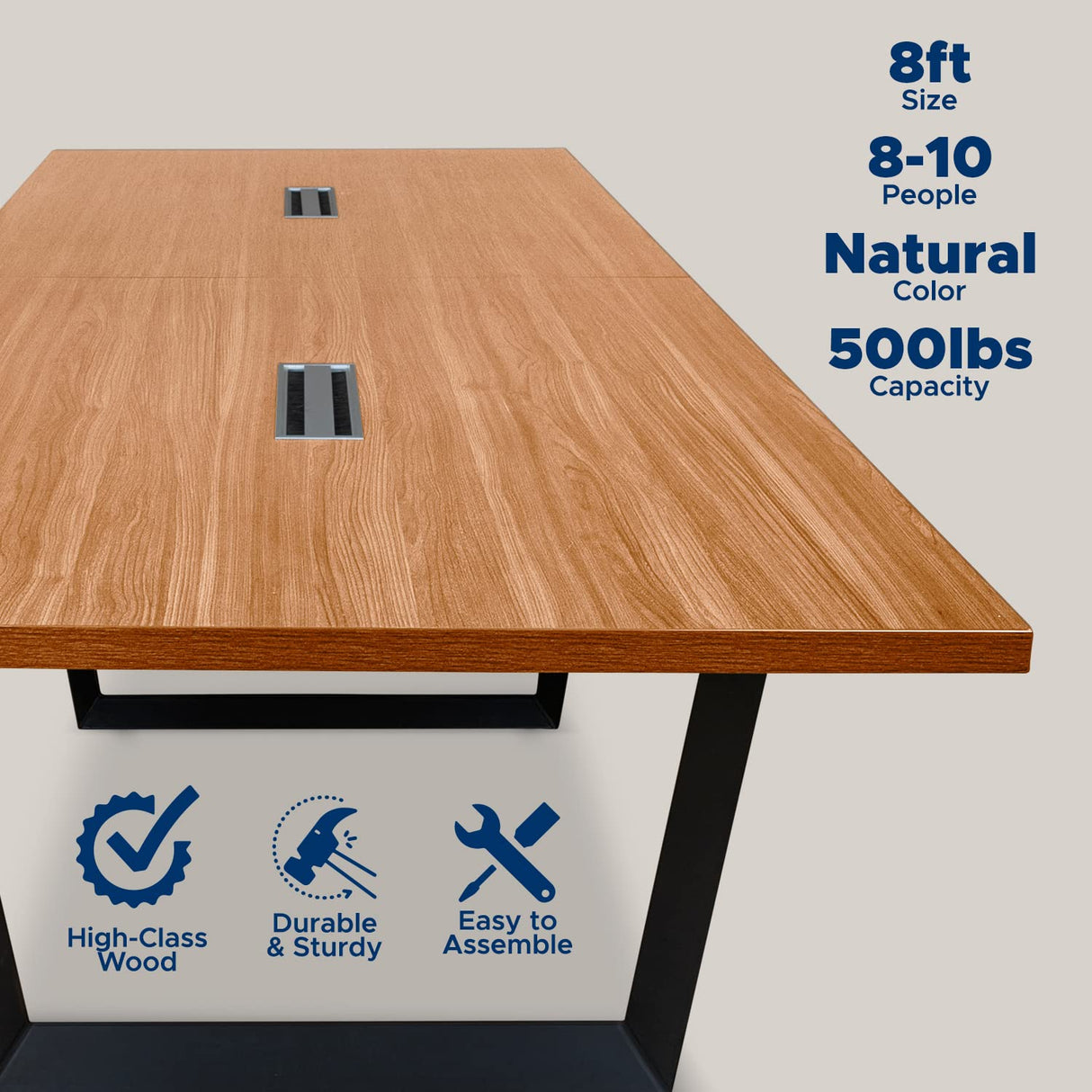 ahliss Sturdy Conference Table with Cable Management Grommets Modern Rectangle Office Meeting Table with Wood Tabletop and Metal Frame & Legs- Easy Assembly Boardroom Table (Natural, 8 foot) ahliss
