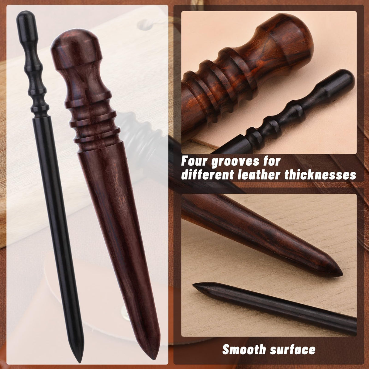 WONVOC Leather Edge Burnish Kit 2 PCS Ebony Wood Leather Burnisher Tool, Round Head Leather Edge Burnishing Tool, Leather Edge Slicker Burnisher, Leather Craft Tool WONVOC