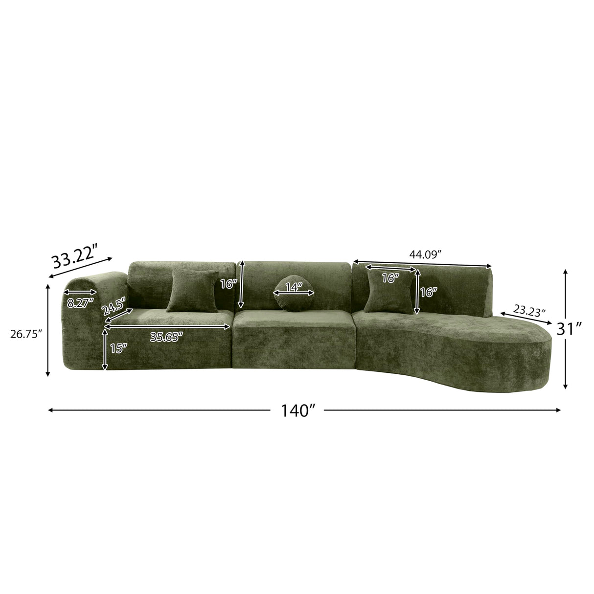 Christopher Knight Home Grelyn Modern Curved Modular Sectional Sofa, Wool Fabric Large Cloud Couch, 6-Seater L-Shaped Couch for Living Room, 3-Piece Lounge Sofa with Chaise,Fully Assembled,Olive Green Christopher Knight Home