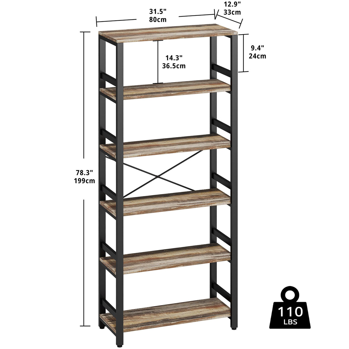 IRONCK Bookshelf, 31.5in Wide Shelf 6 Tier Bookcase, 110lbs/shelf Vintage Industrial Style Bookshelves for Bedroom, Living Room and Home Office, Industrial Brown IRONCK