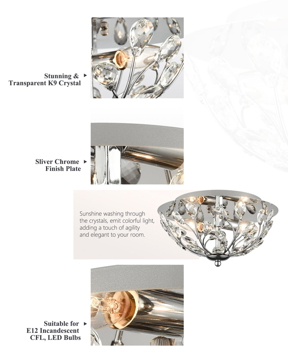 12 Inch Crystal Ceiling Light, Silver Chrome Flush Mount Ceiling Lights, 2-Light Modern Lighting Fixture Ceiling Mount for Living Room, Dining Room, Bedroom, Kitchen, Hallway, Entryway,XDD012-2-CH-1 KLKLCH